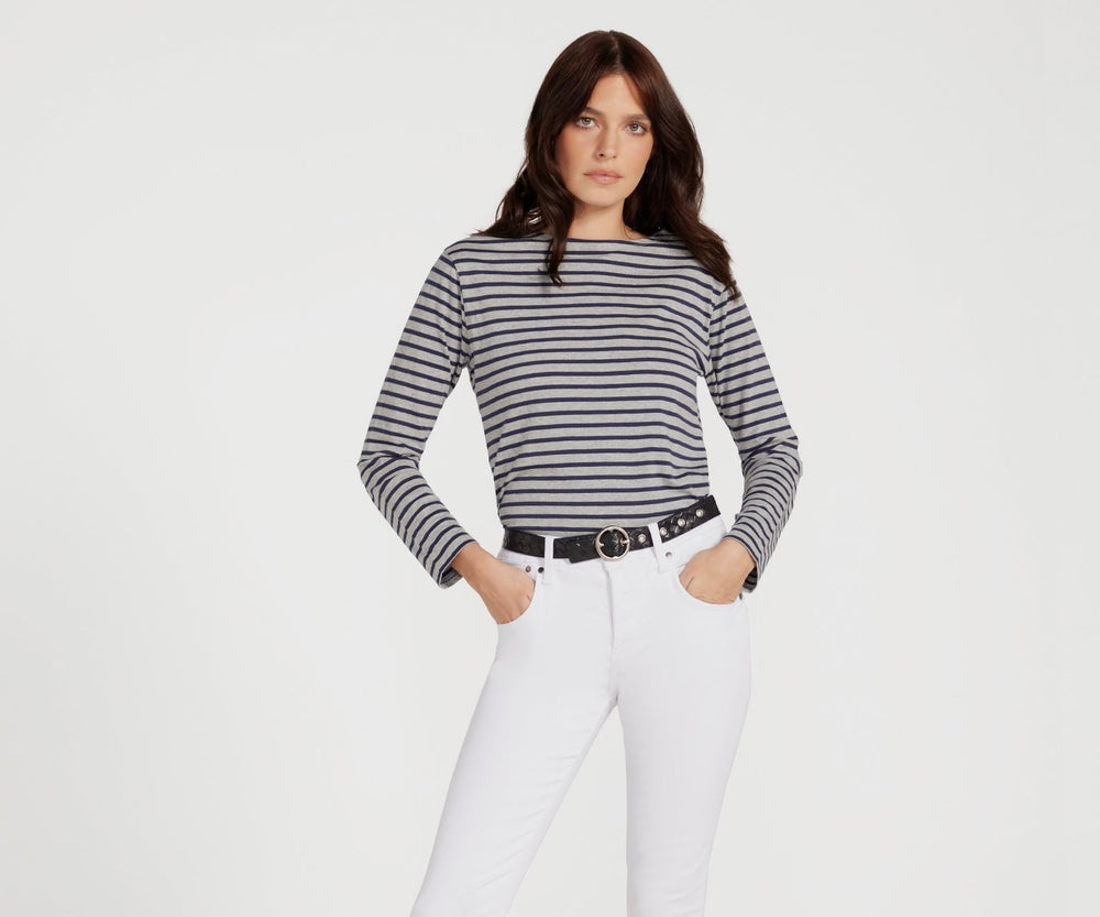 Breton Boat Neck Top- Grey Base Navy Stripe