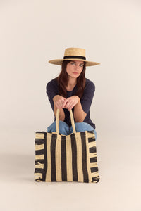 Black Stripe Straw Fringed Bag