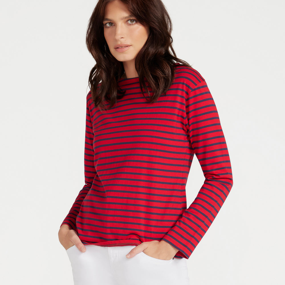 
                      
                        Breton Boat Neck Top- Red Base Navy Stripe
                      
                    