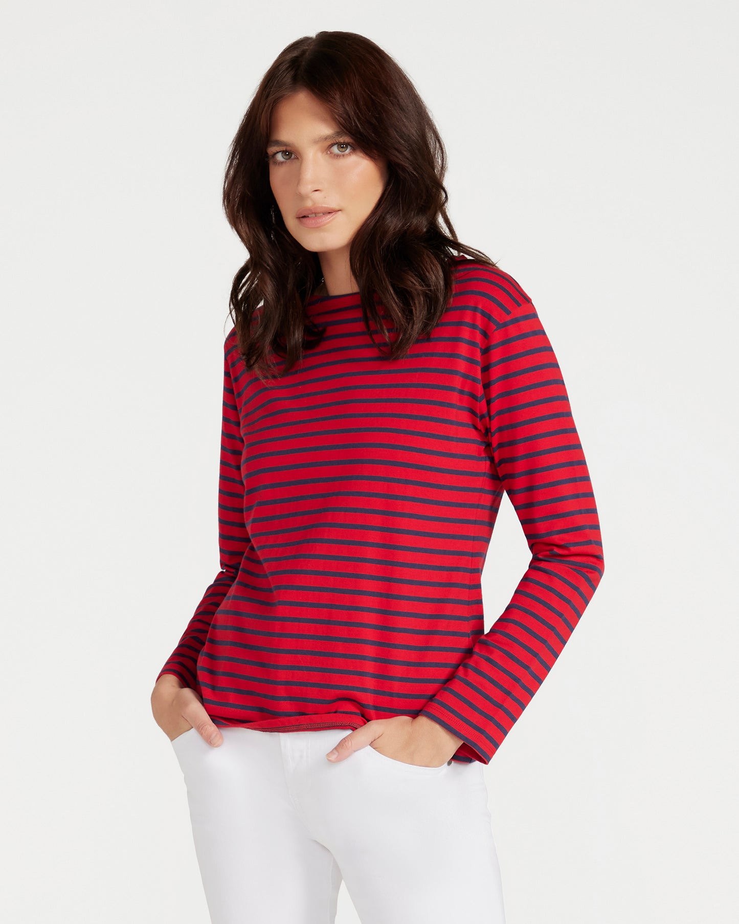 Breton Boat Neck Top- Red Base Navy Stripe