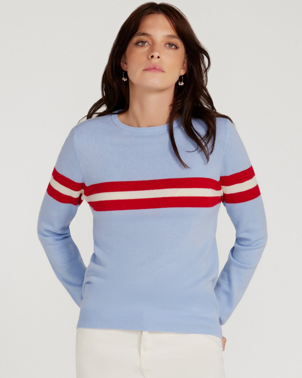 Cashmere & Wool French Racer Crewneck Sweater - POWDER BLUE