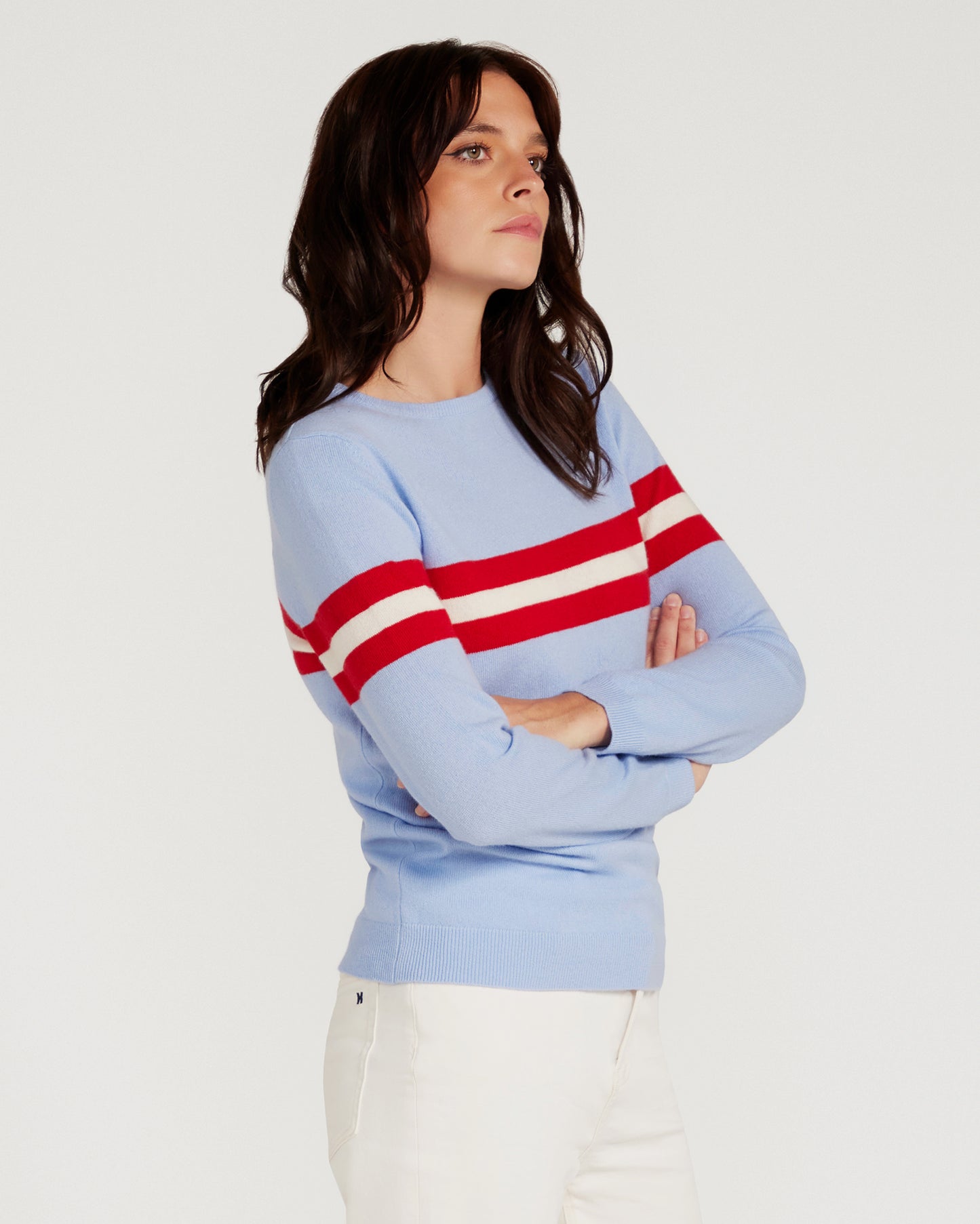 Cashmere & Wool French Racer Crewneck Sweater - POWDER BLUE