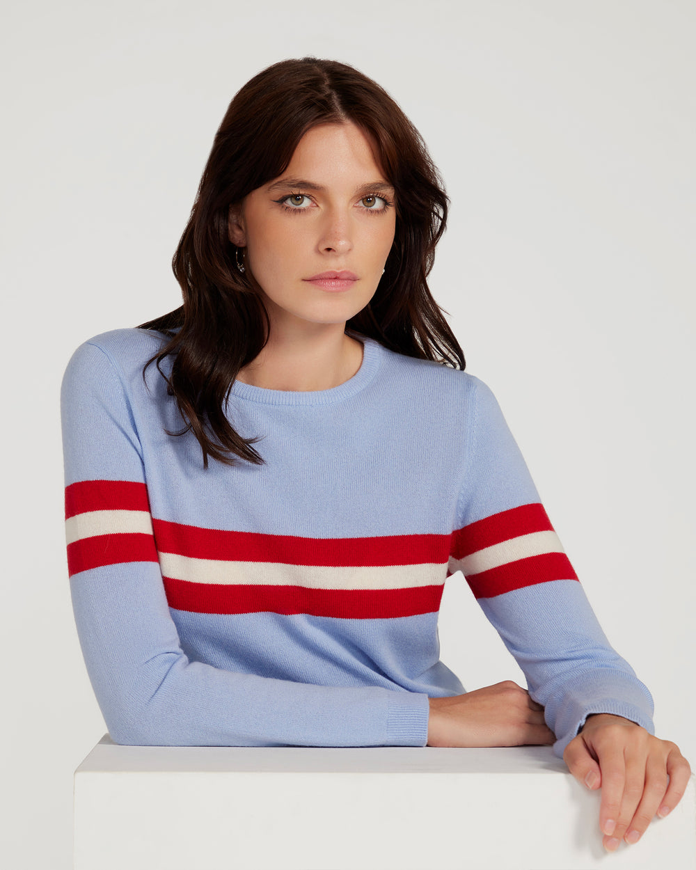 Cashmere & Wool French Racer Crewneck Sweater - POWDER BLUE