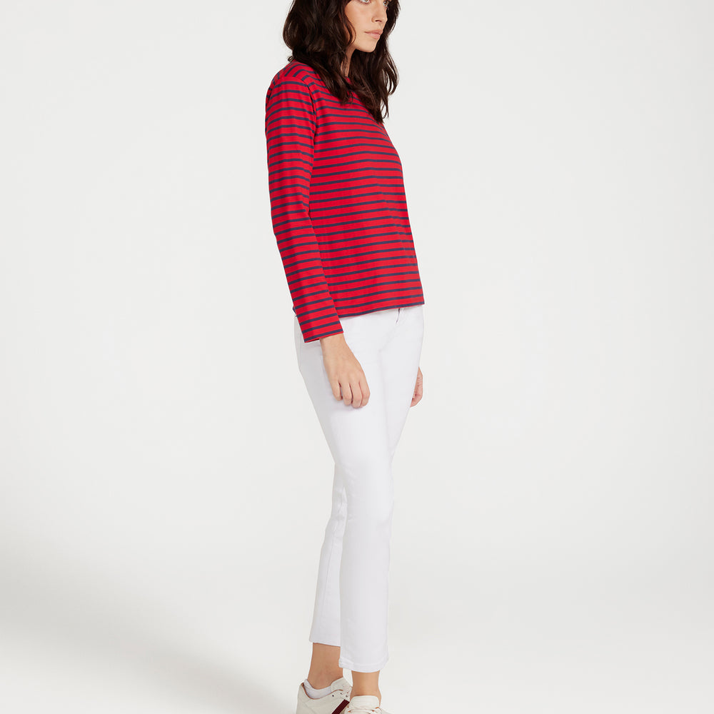 
                      
                        Breton Boat Neck Top- Red Base Navy Stripe
                      
                    