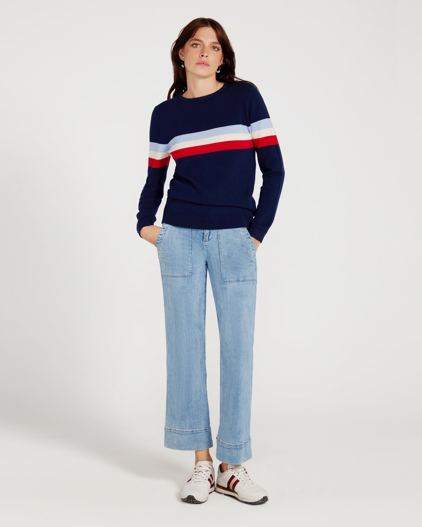 Cashmere & Wool French Racer Crewneck Sweater - NAVY BLUE