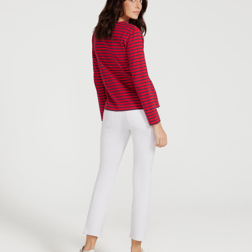 
                      
                        Breton Boat Neck Top- Red Base Navy Stripe
                      
                    