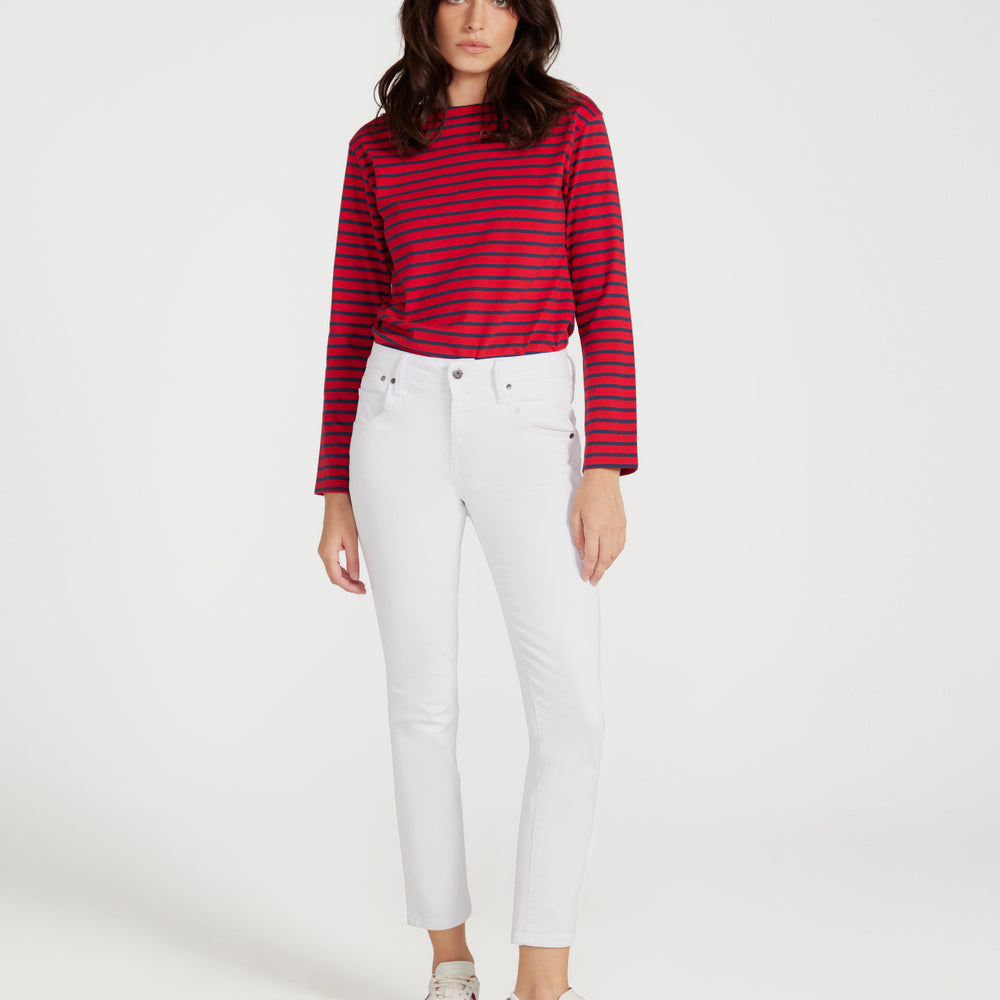 
                      
                        Breton Boat Neck Top- Red Base Navy Stripe
                      
                    