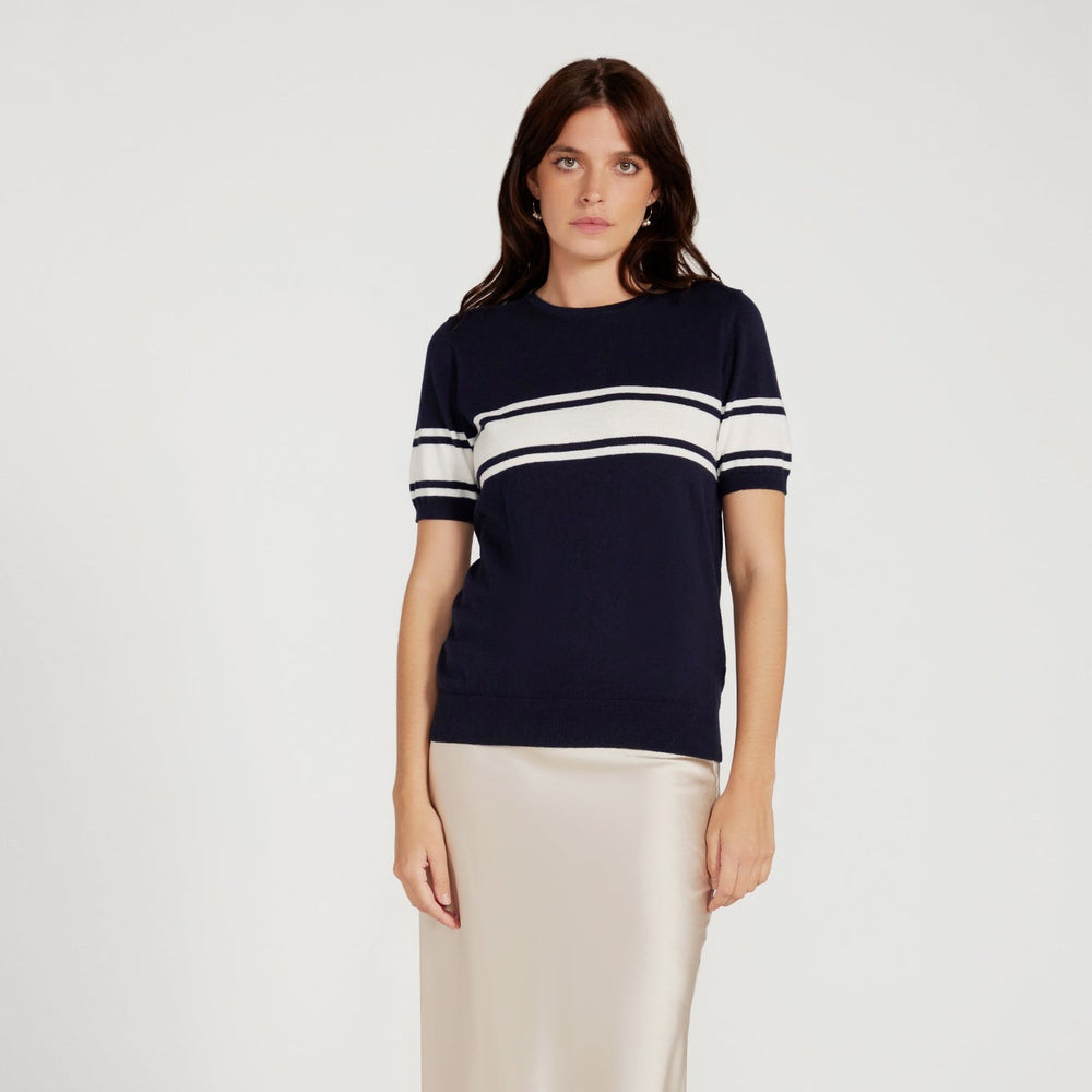 
                      
                        Cotton And Cashmere Crewneck Navy Top With Ivory Stripe
                      
                    