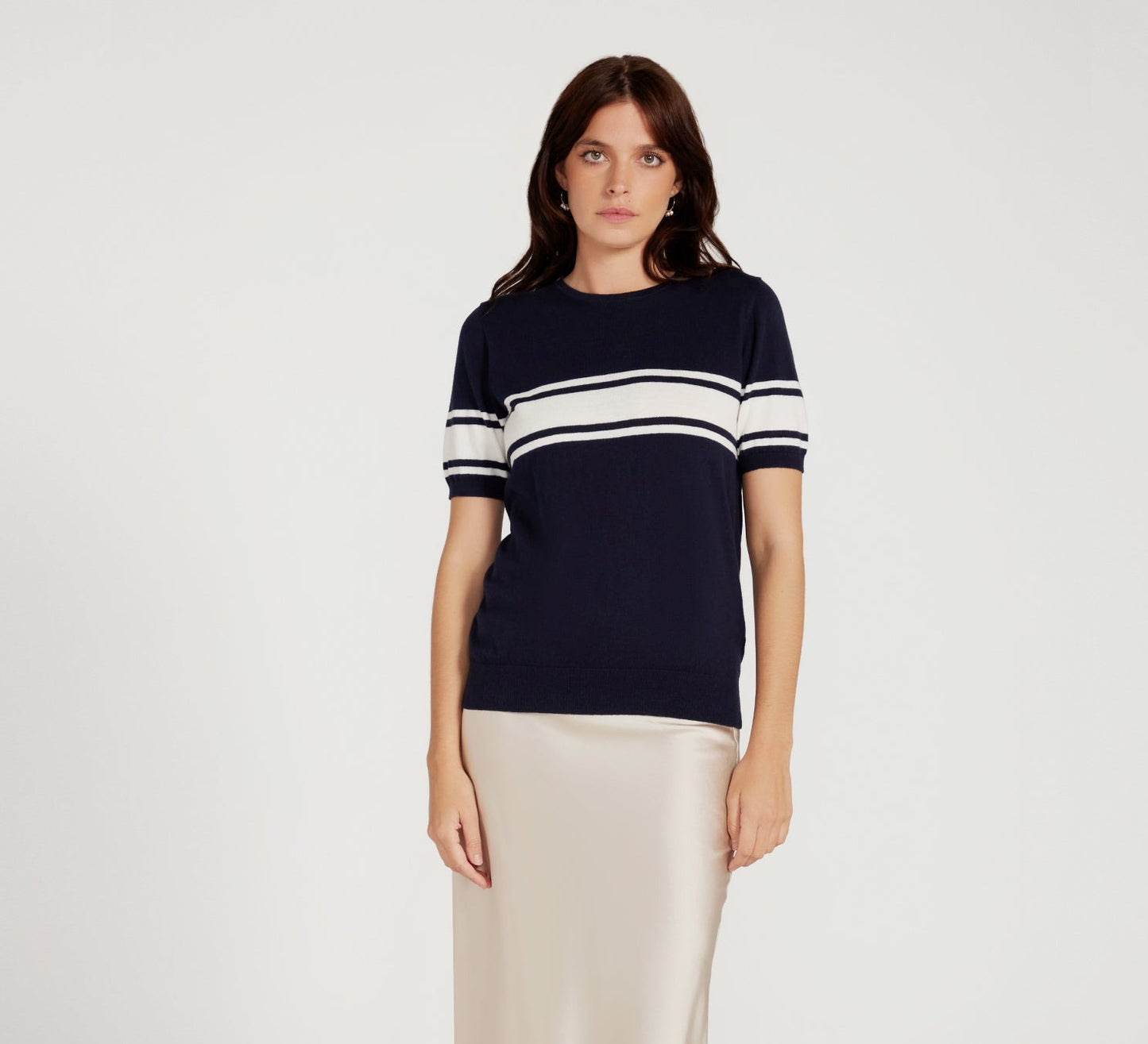 Cotton And Cashmere Crewneck Navy Top With Ivory Stripe