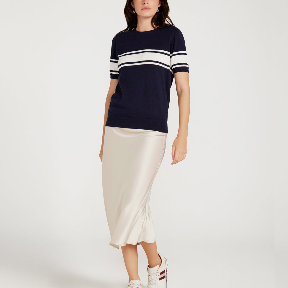 
                      
                        Cotton And Cashmere Crewneck Navy Top With Ivory Stripe
                      
                    