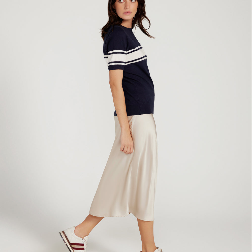 
                      
                        Cotton And Cashmere Crewneck Navy Top With Ivory Stripe
                      
                    