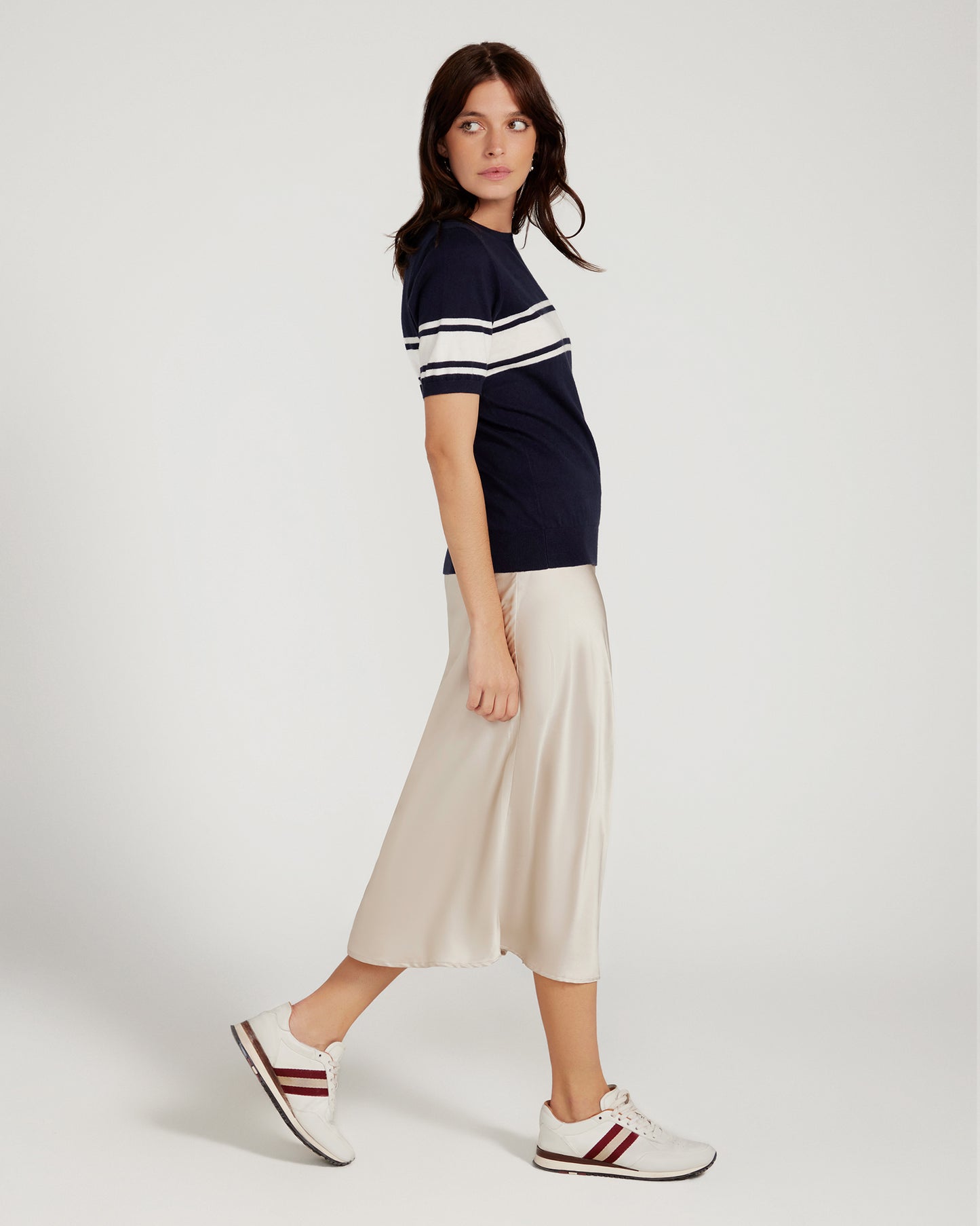 Cotton And Cashmere Crewneck Navy Top With Ivory Stripe