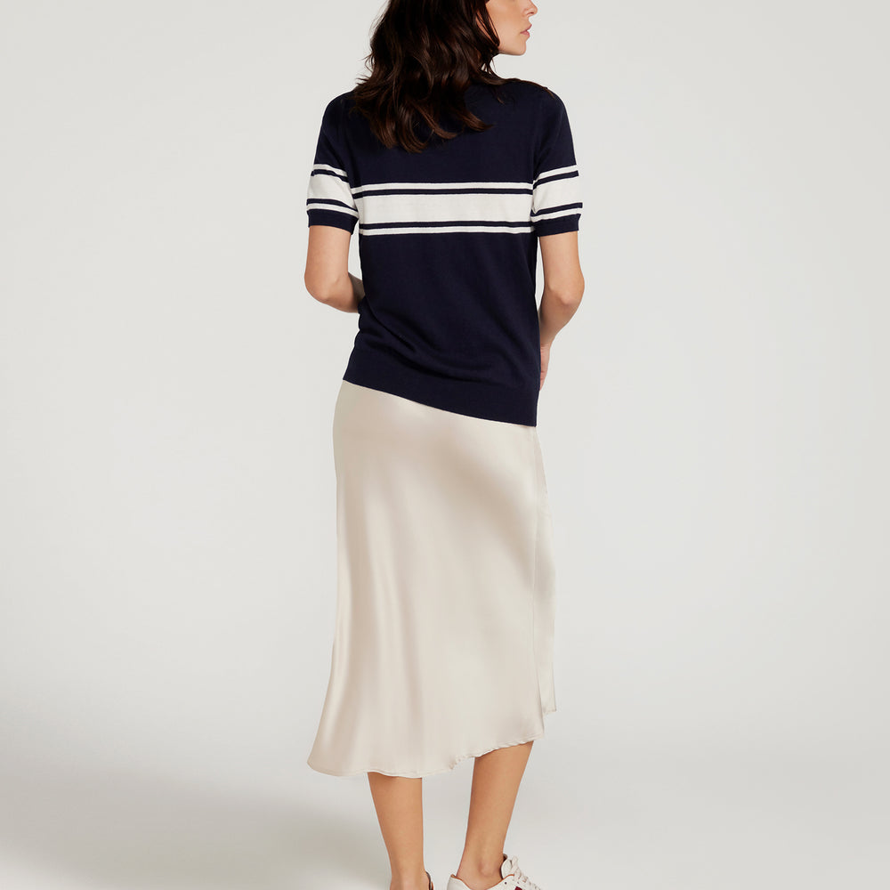 
                      
                        Cotton And Cashmere Crewneck Navy Top With Ivory Stripe
                      
                    