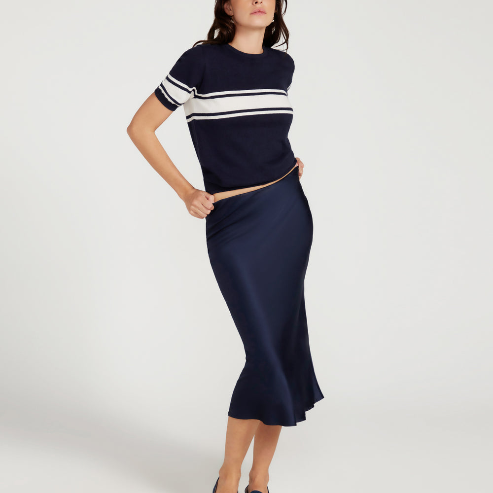 
                      
                        Cotton And Cashmere Crewneck Navy Top With Ivory Stripe
                      
                    