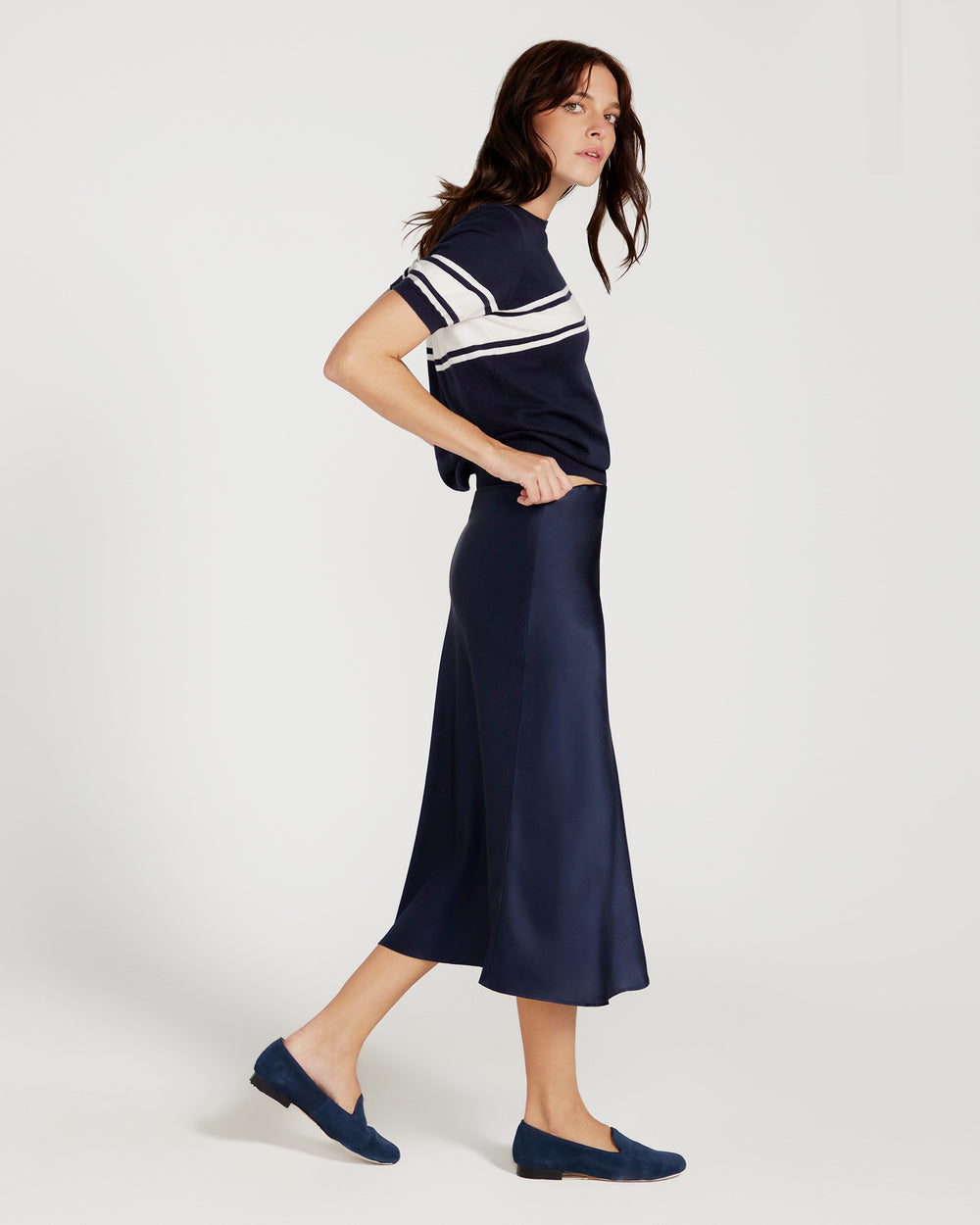 Cotton And Cashmere Crewneck Navy Top With Ivory Stripe