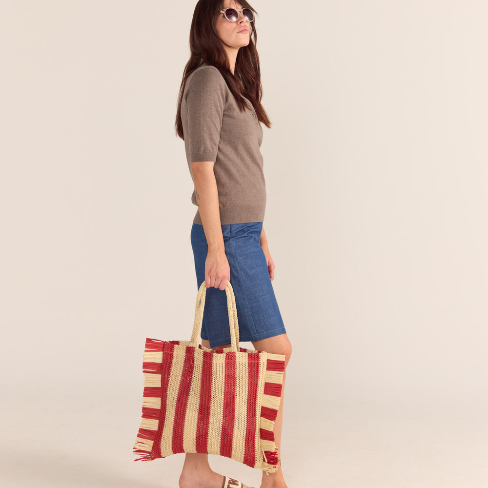 Red Stripe Straw Fringed Bag