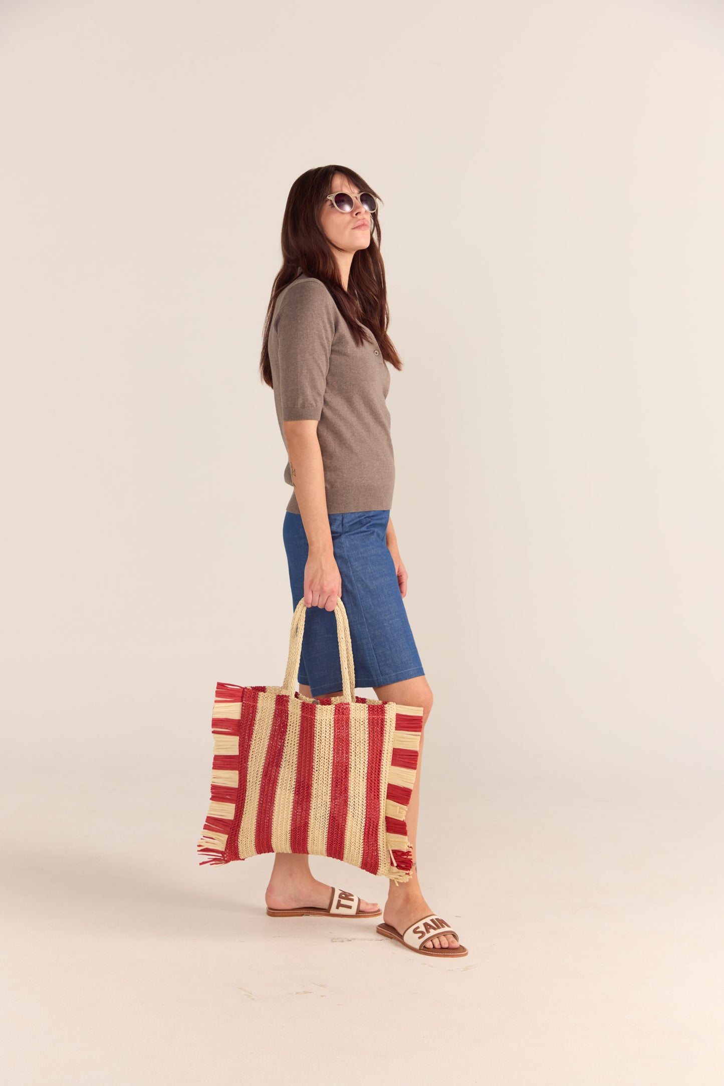 Red Stripe Straw Fringed Bag