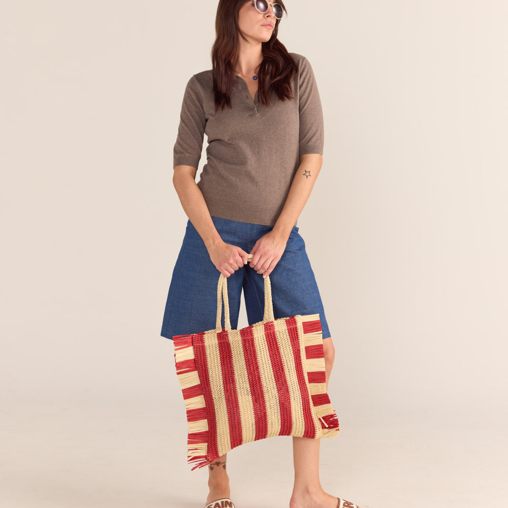 Red Stripe Straw Fringed Bag