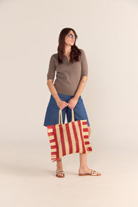 Red Stripe Straw Fringed Bag