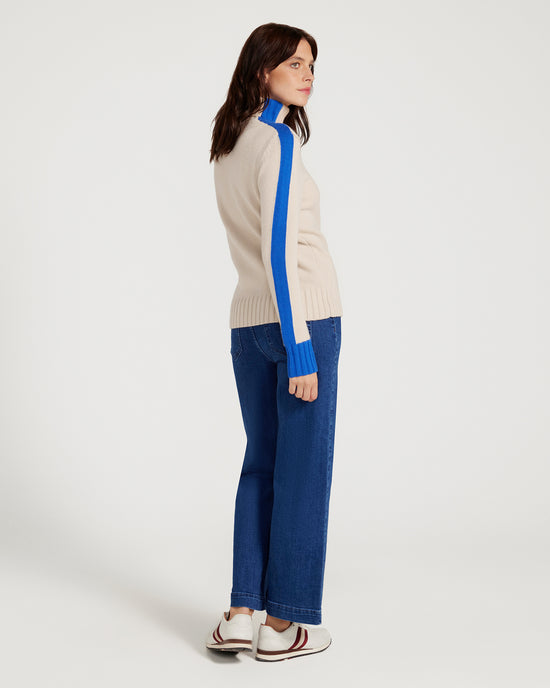 Lux Cashmere & Wool Isola Beige Polo Neck Royal Blue Stripe
