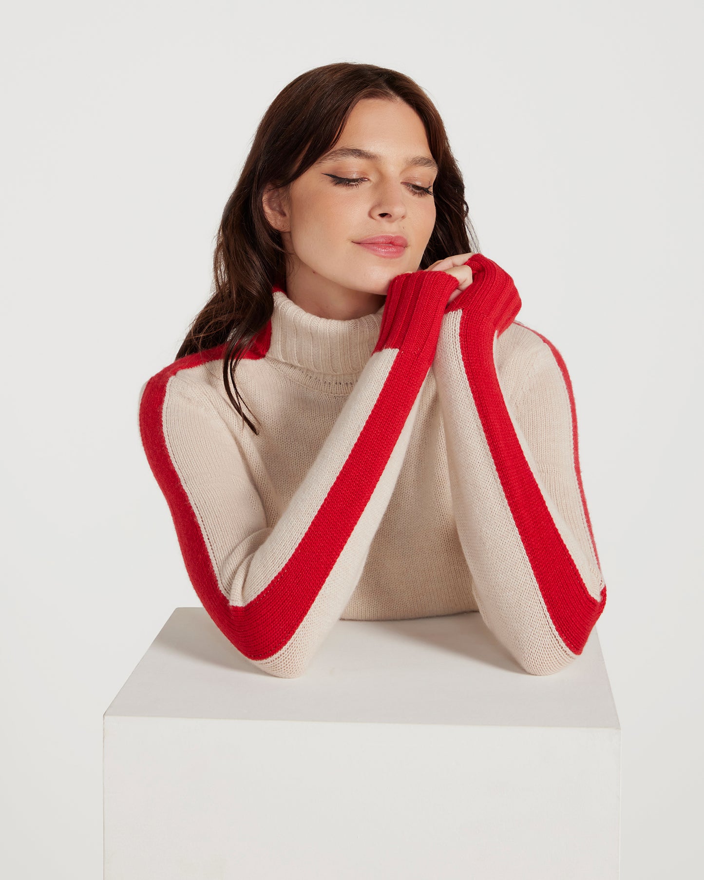 Lux Cashmere & Wool Isola Beige Polo Neck Red Stripe