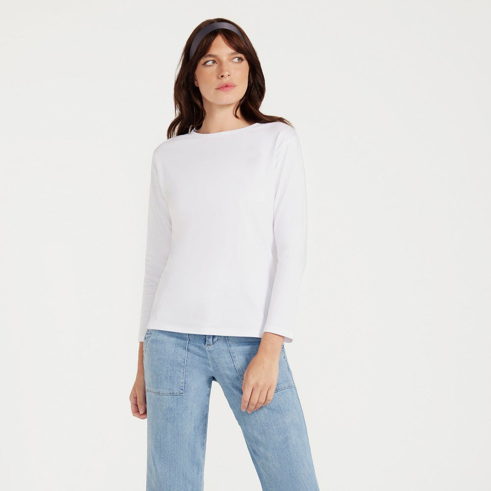 
                      
                        The Birkin Basic White Boat Neck Top 7/8 Sleeve
                      
                    