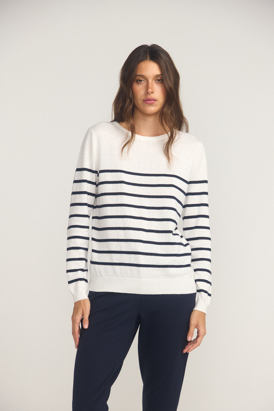 Cotton And Cashmere Breton Sweater Cream Base Navy Stripe