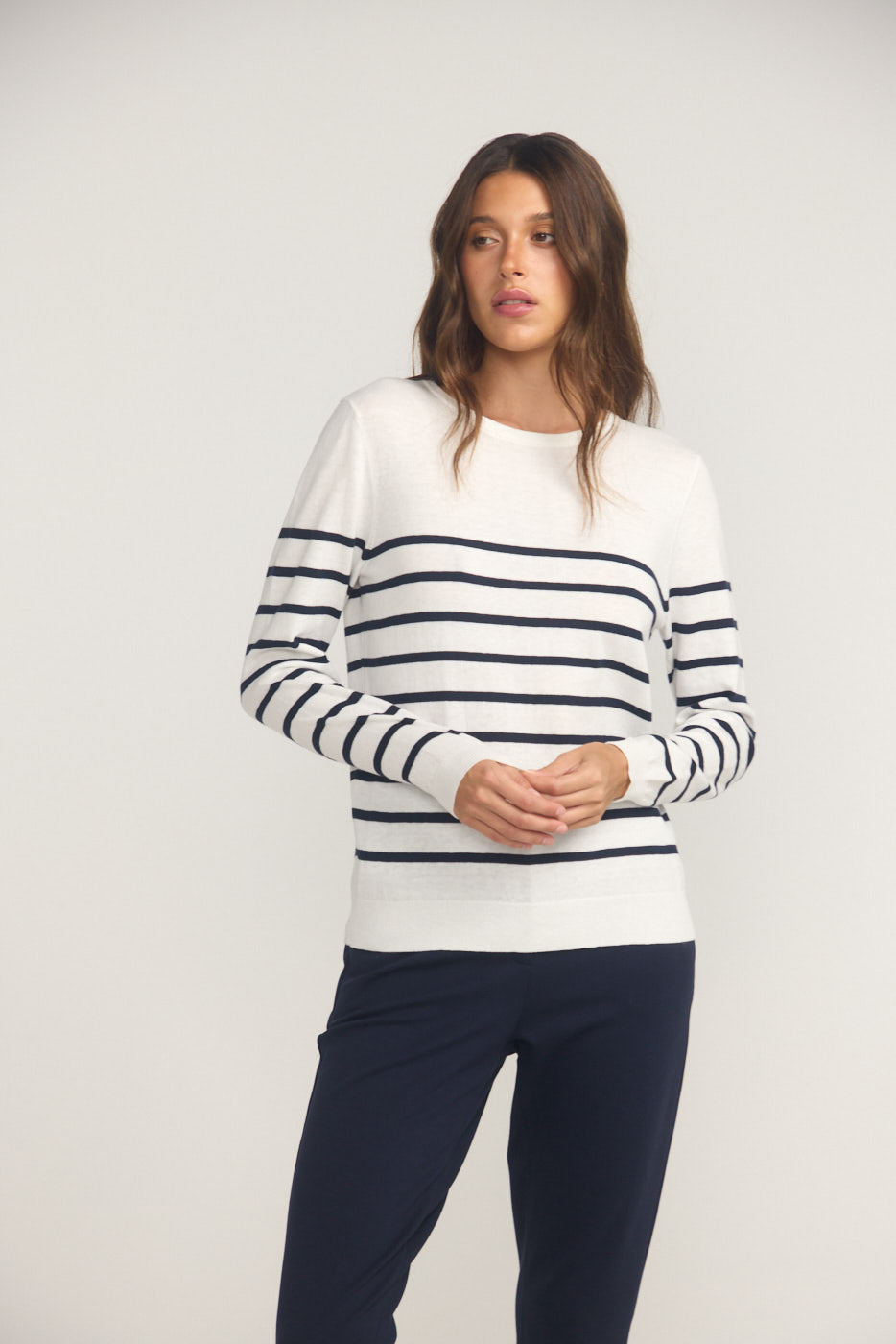 Cotton And Cashmere Breton Sweater Cream Base Navy Stripe