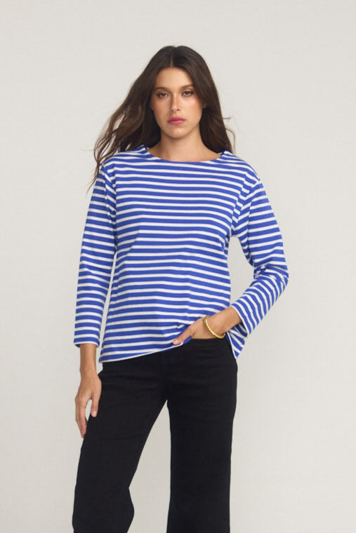 French Breton Boat Neck Top- Royal Blue Base White Stripe