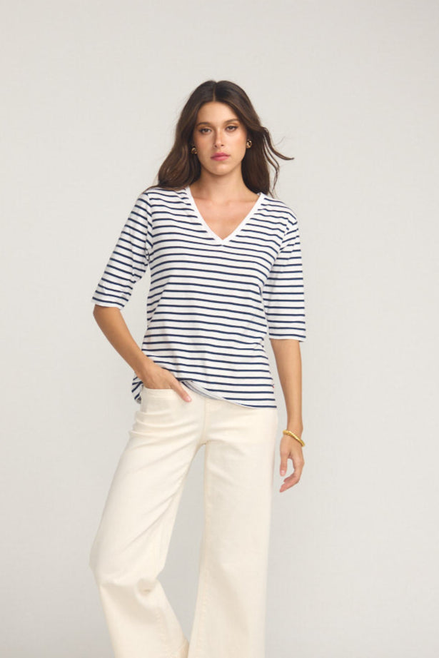 La Bouvier Navy Stripe French Tee - V-Neck