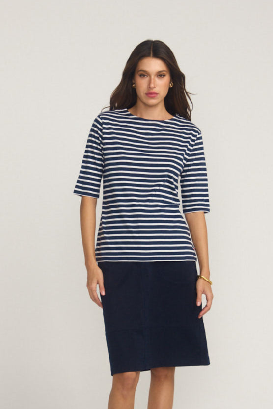 La Bouvier Navy Base White Stripe French Tee - Boat Neck neck