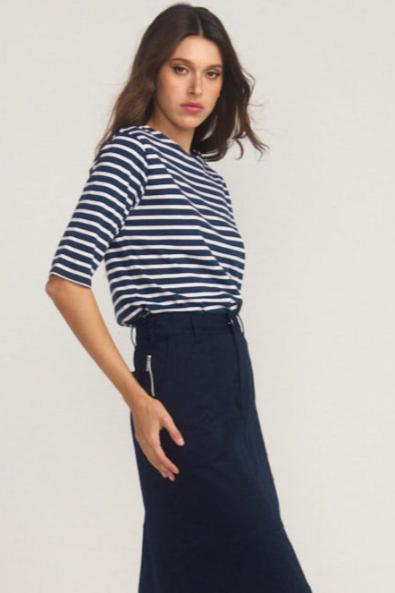 
                      
                        La Bouvier Navy Base White Stripe French Tee - Boat Neck neck
                      
                    