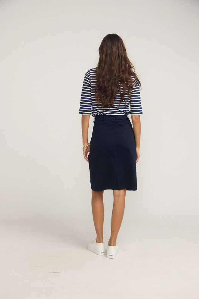 
                      
                        La Bouvier Navy Base White Stripe French Tee - Boat Neck neck
                      
                    