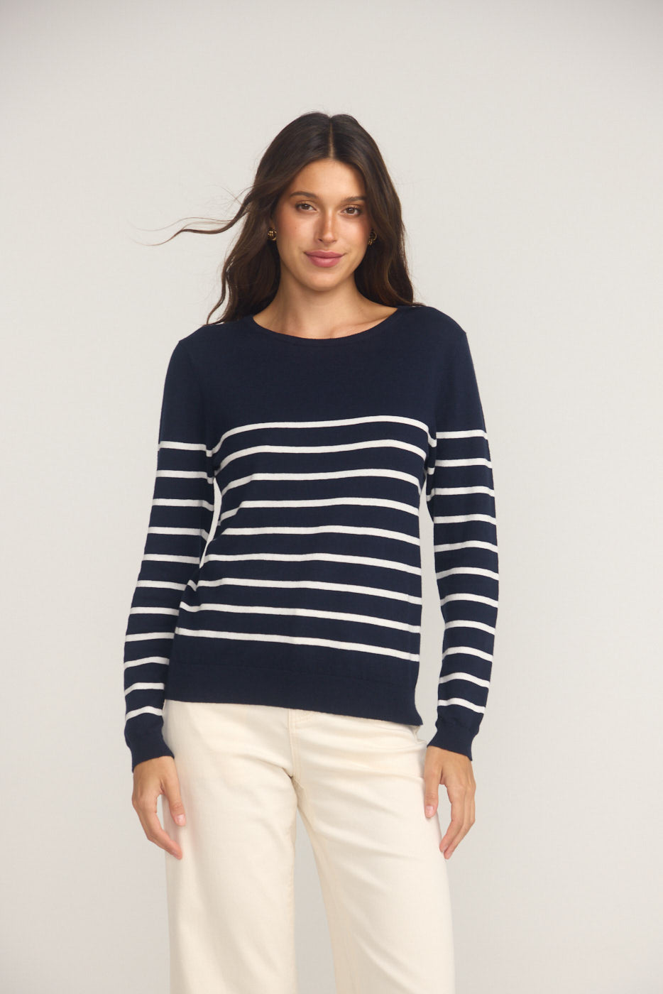 Cotton And Cashmere Breton Sweater Navy With Cream Stripe