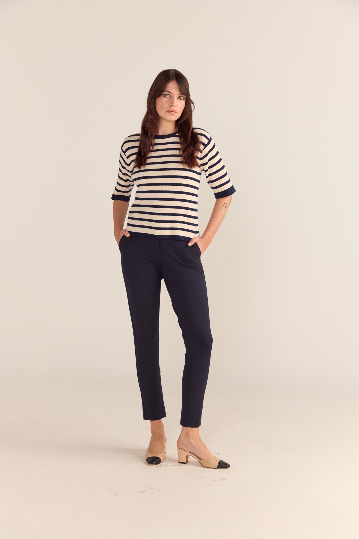 Bouclé Textured Top - Navy & Cream Stripe
