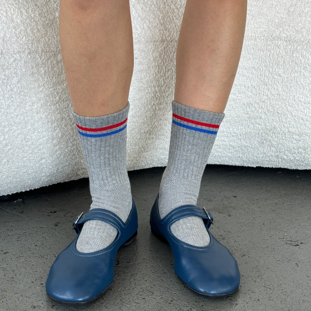 
                      
                        Boyfriend Socks Grey Base Blue/Red Stripe
                      
                    