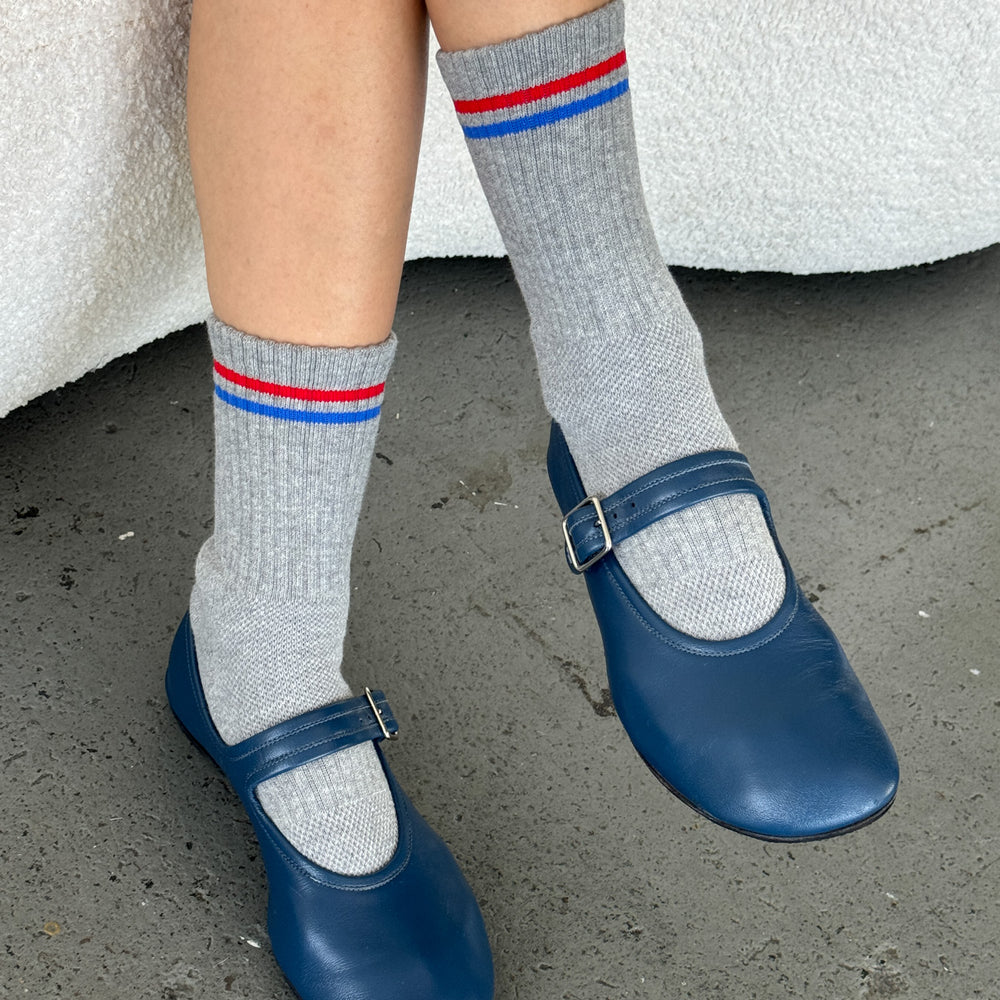 
                      
                        Boyfriend Socks Grey Base Blue/Red Stripe
                      
                    