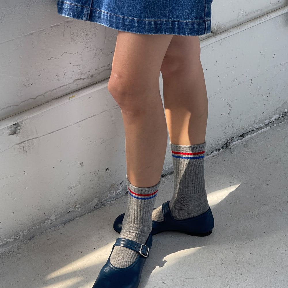 
                      
                        Boyfriend Socks Grey Base Blue/Red Stripe
                      
                    