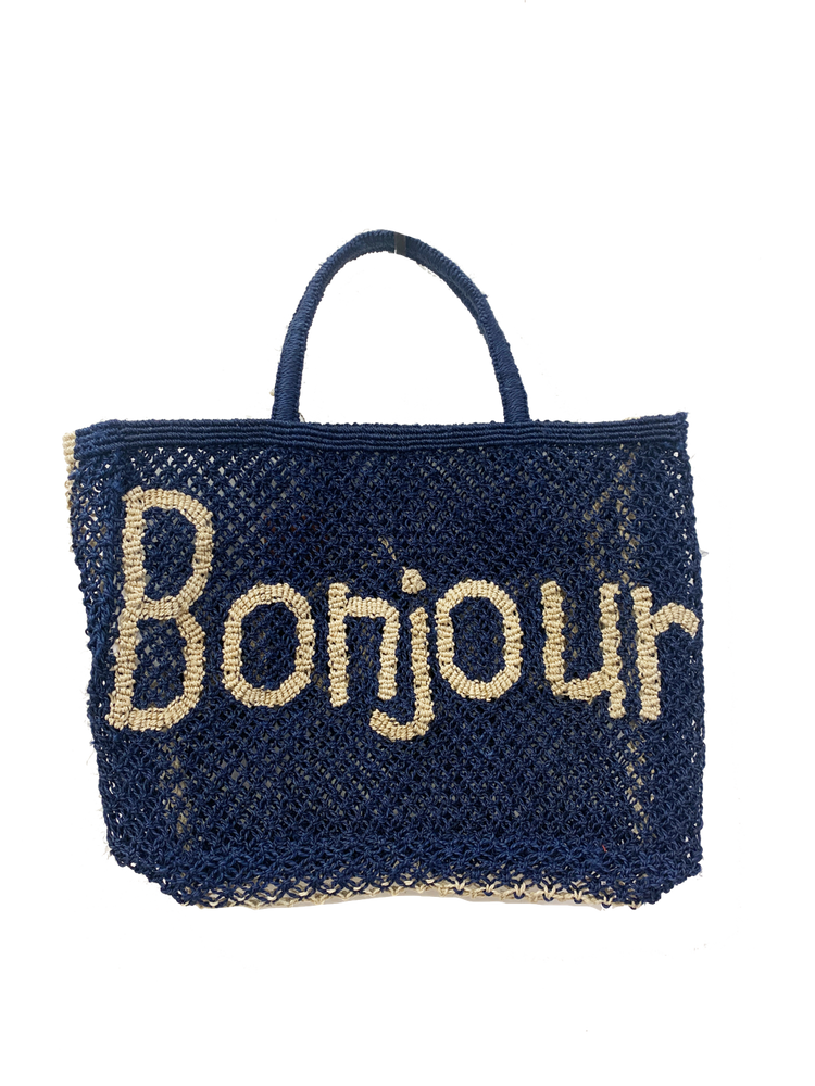 Basket Bag BONJOUR Blue Black With Natural Writing