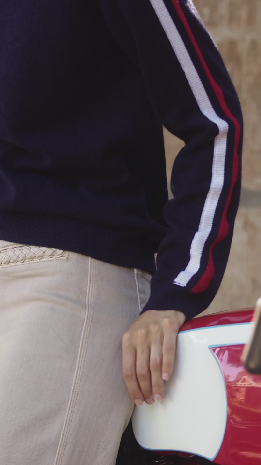 Cashmere & Wool French Racer Crewneck Sweater-Navy