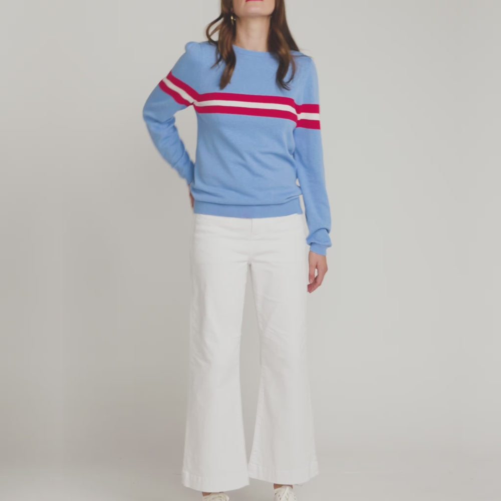 
                      
                        Load and play video in Gallery viewer, Cotton &amp;amp; Cashmere French Racer Crewneck Sweater - Powder Blue
                      
                    