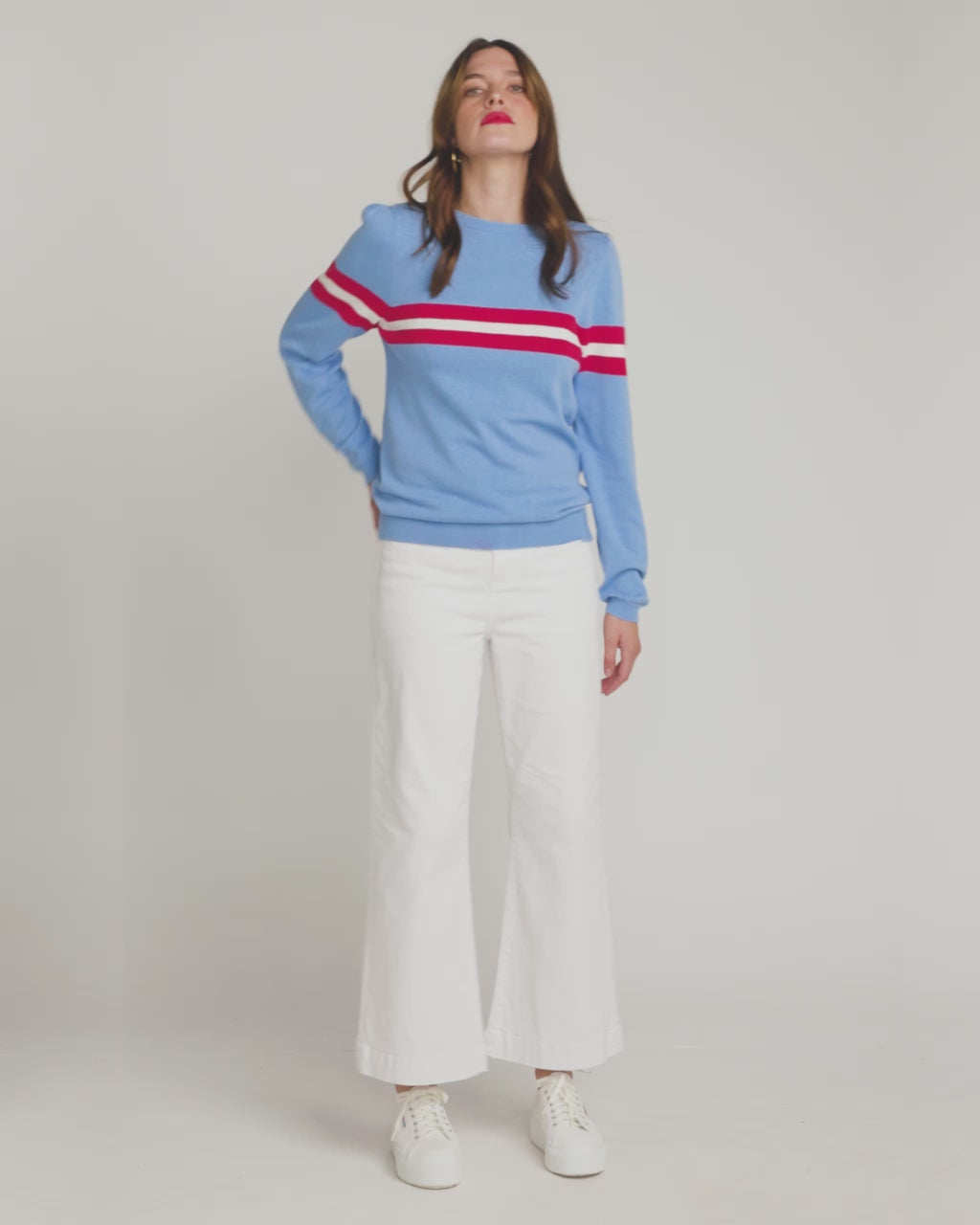 Load and play video in Gallery viewer, Cotton &amp;amp; Cashmere French Racer Crewneck Sweater - Powder Blue
