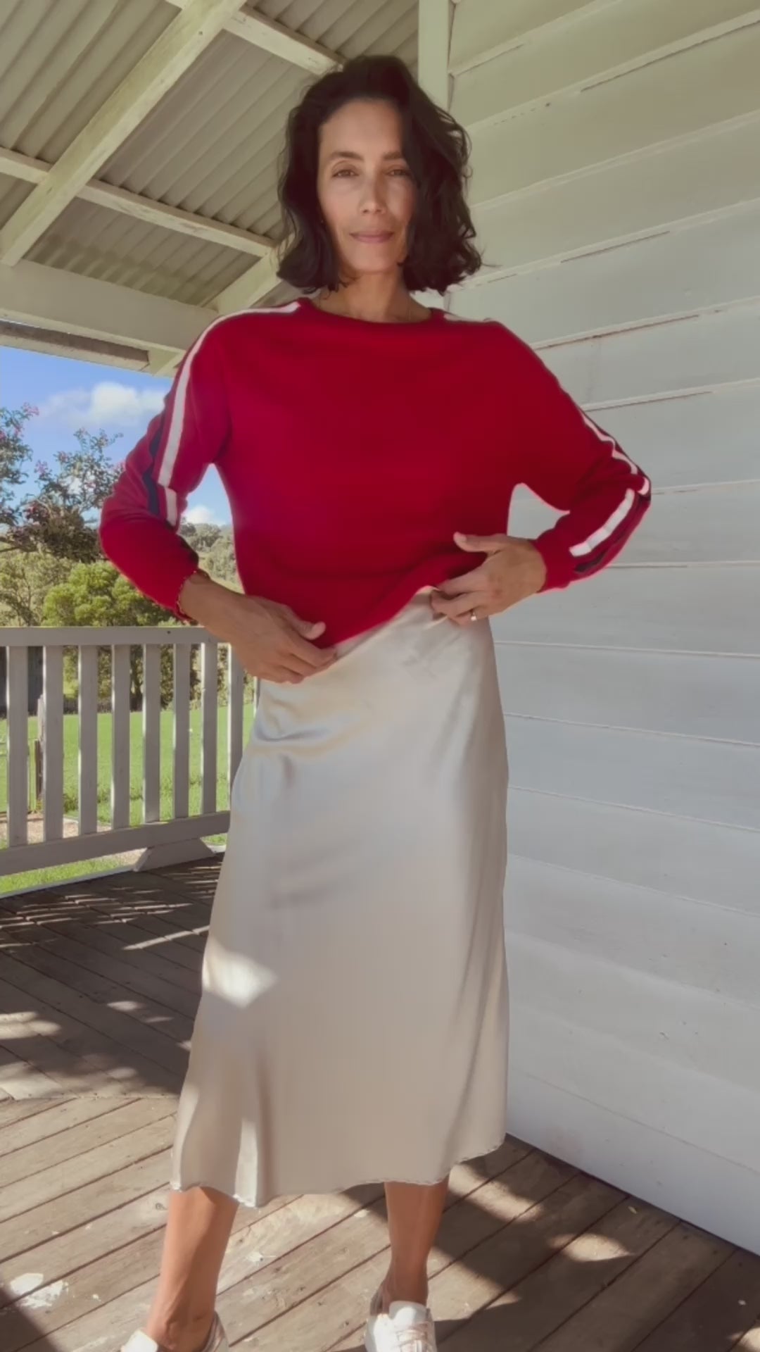 Cashmere & Wool French Racer Crewneck Sweater - RED