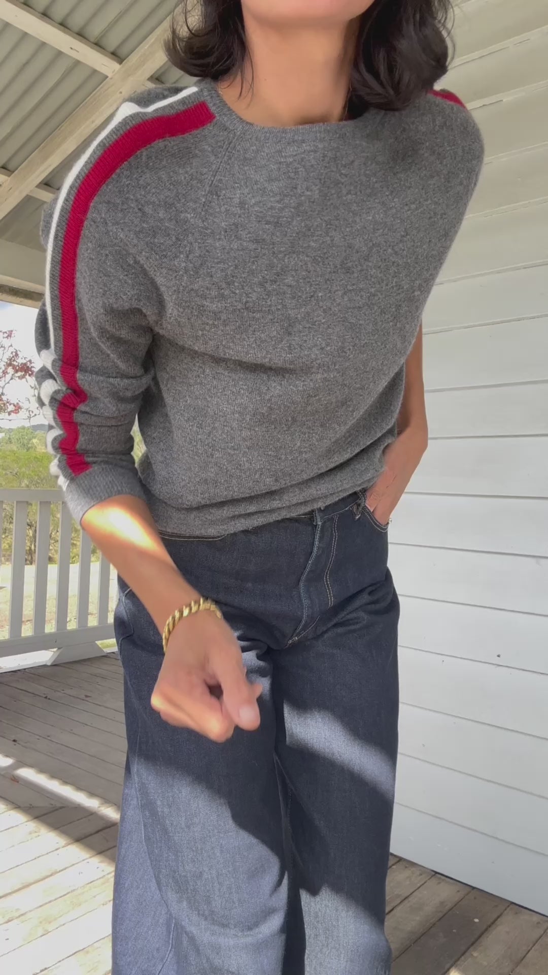 Cashmere & Wool French Racer Crewneck Sweater- Grey