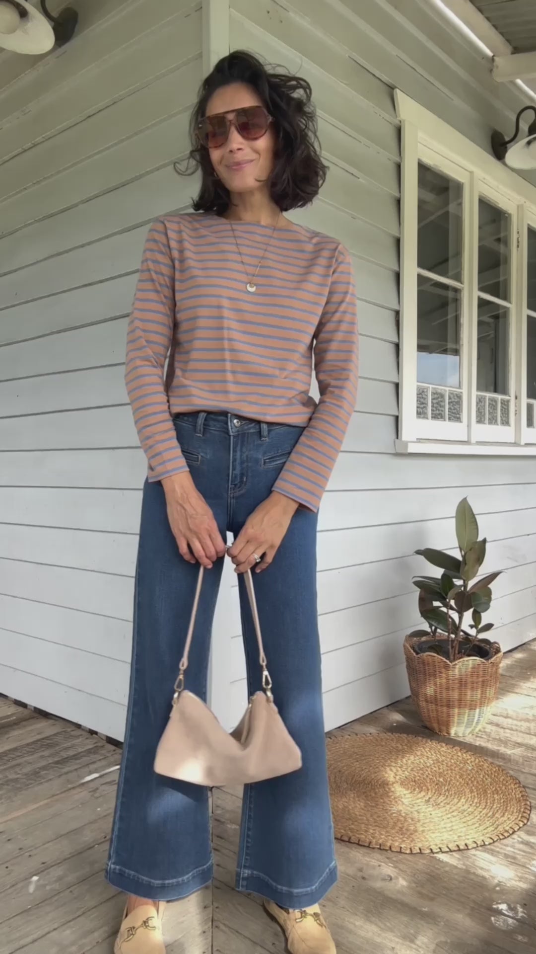 Breton Boat Neck Top- Mocha and blue stripe