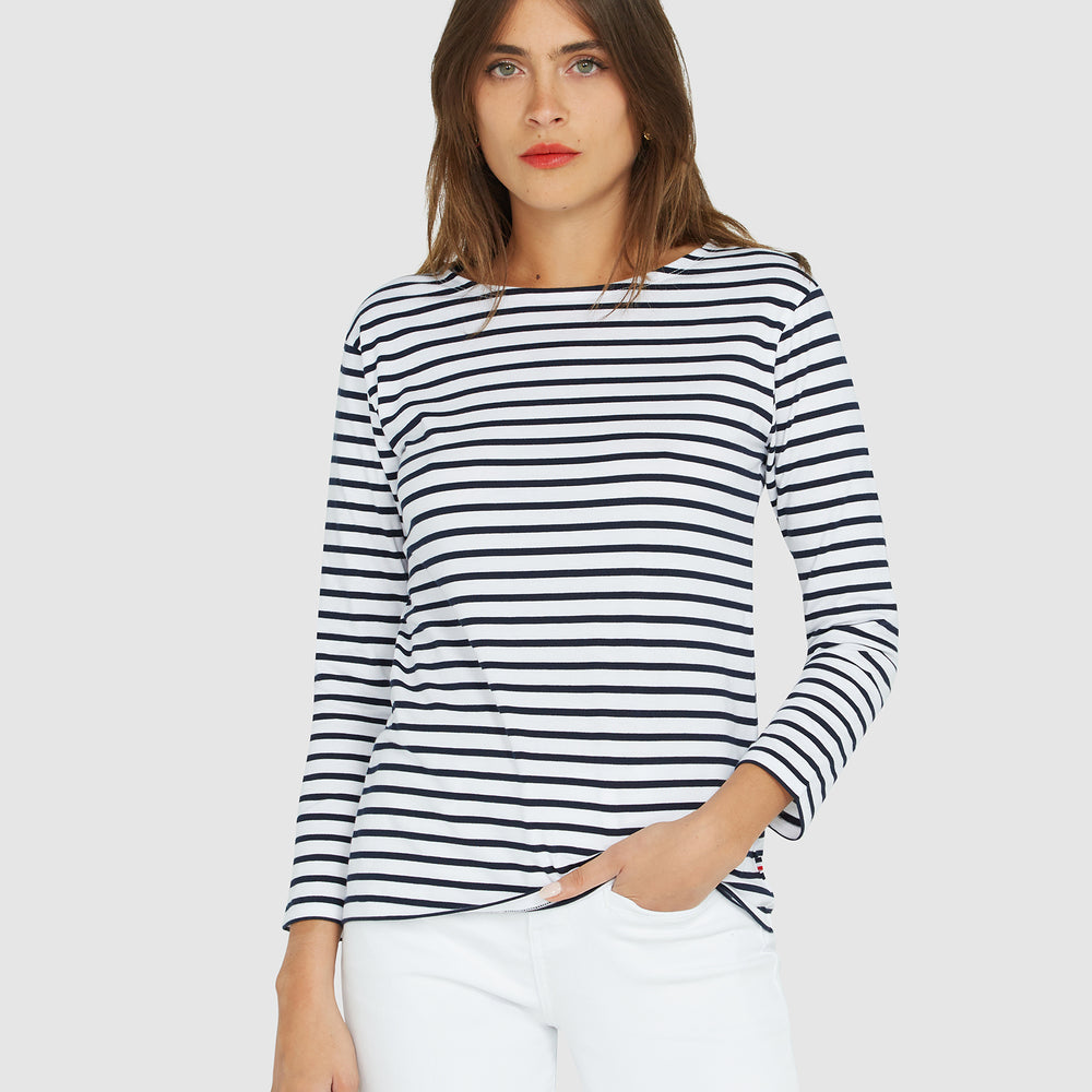 French Breton Boat Neck Top- White Base Navy Blue Stripe