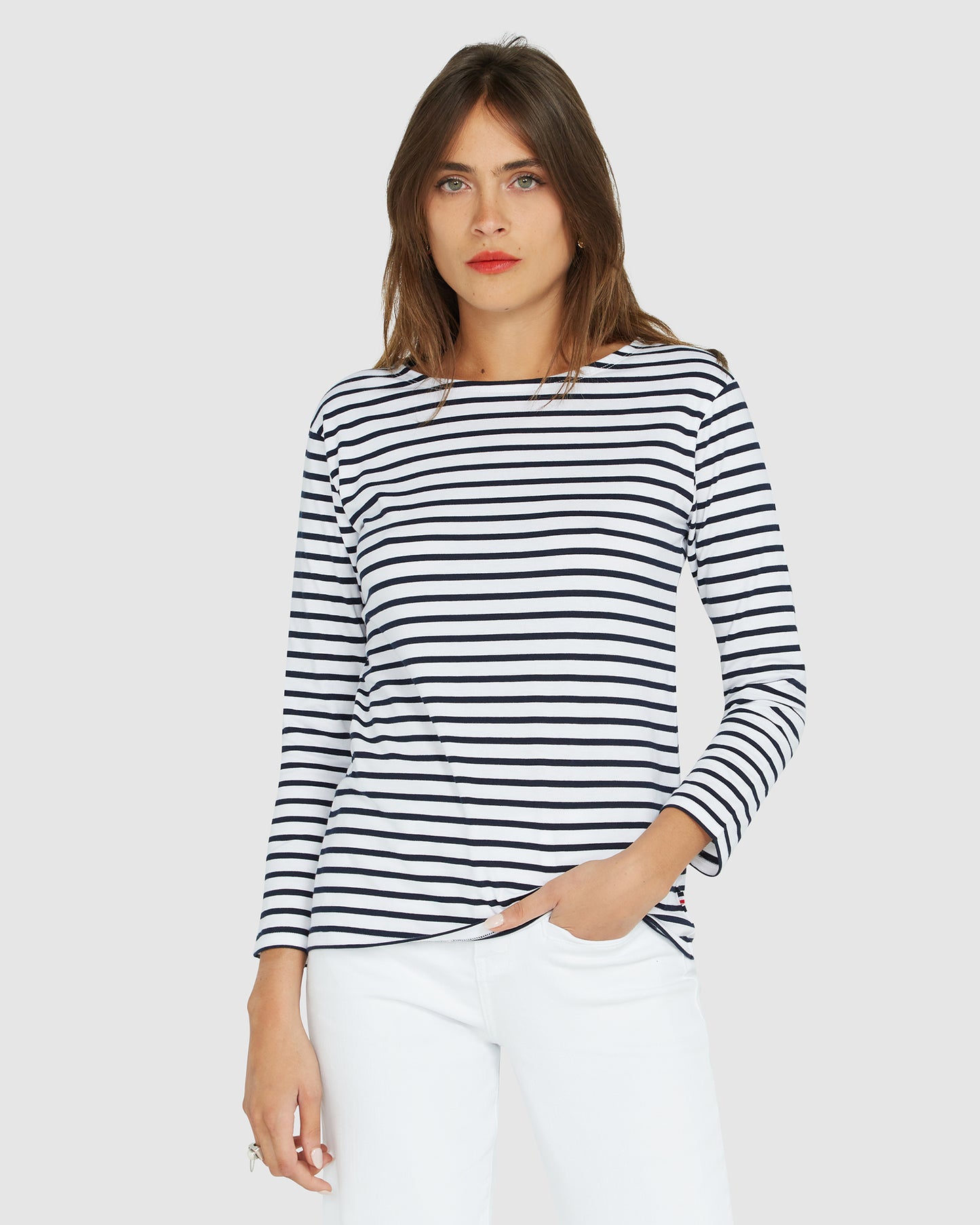 Load image into Gallery viewer, French Breton Boat Neck Top- Navy Blue Stripe White Base
