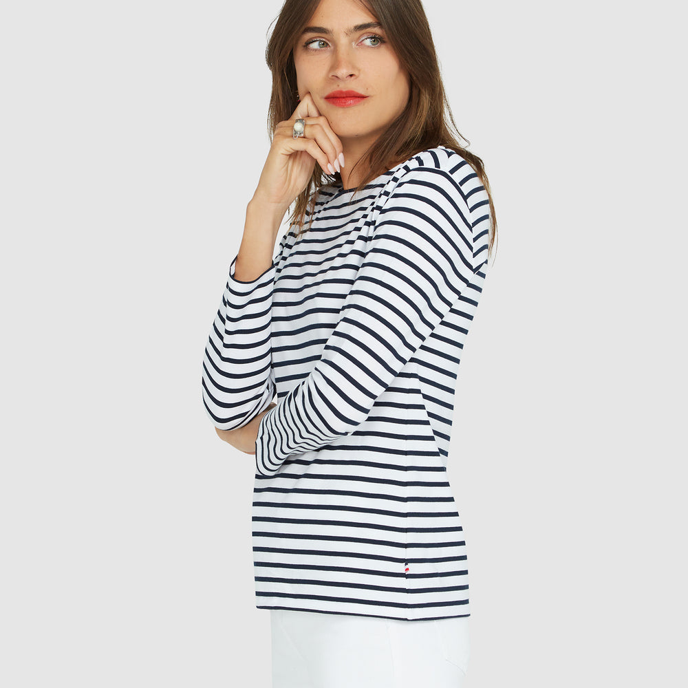 French Breton Boat Neck Top- White Base Navy Blue Stripe