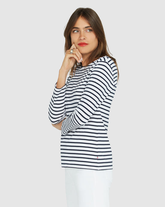 Load image into Gallery viewer, French Breton Boat Neck Top- Navy Blue Stripe White Base
