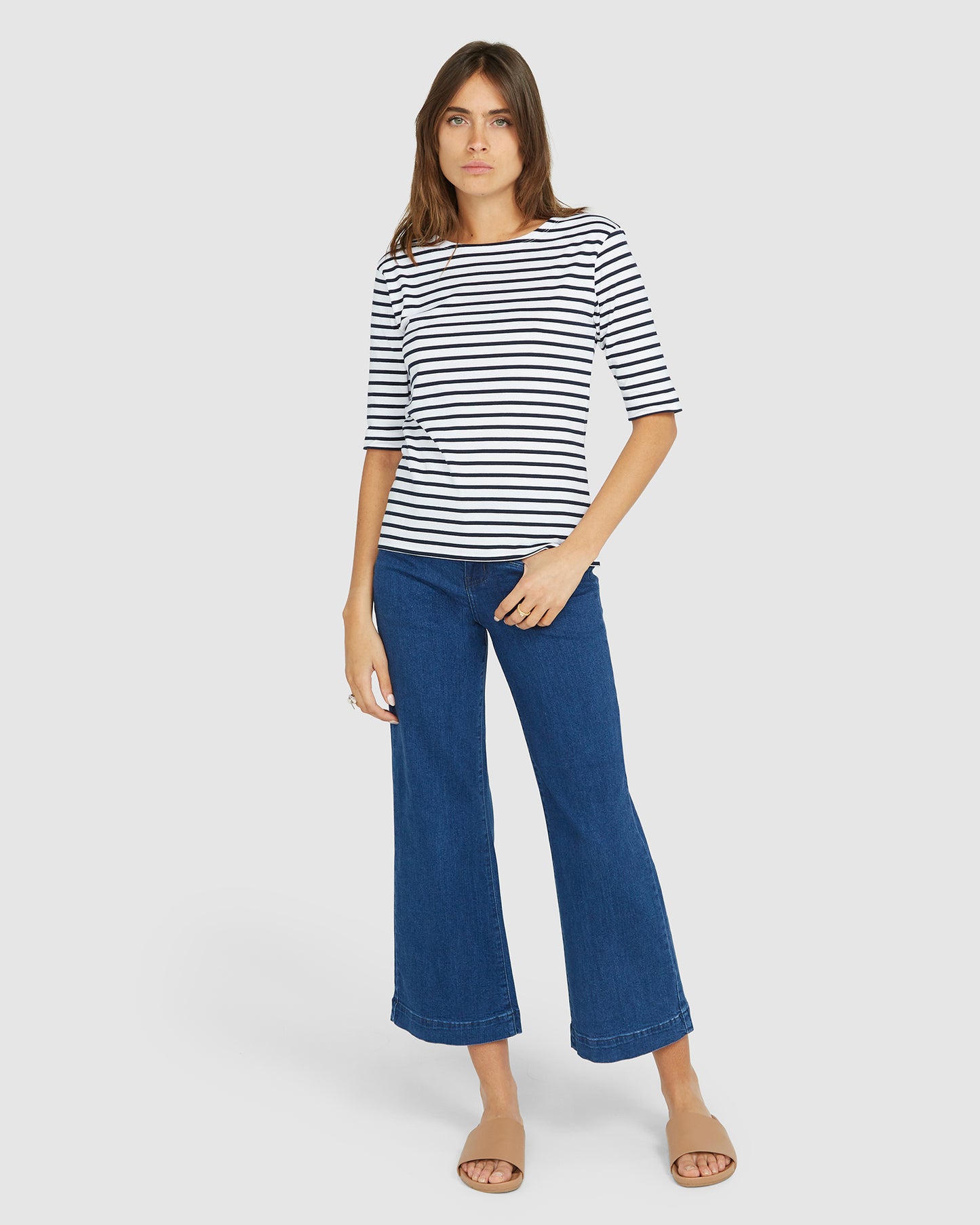 Load image into Gallery viewer, La Bouvier Navy Stripe French Tee - Boat Neck neck
